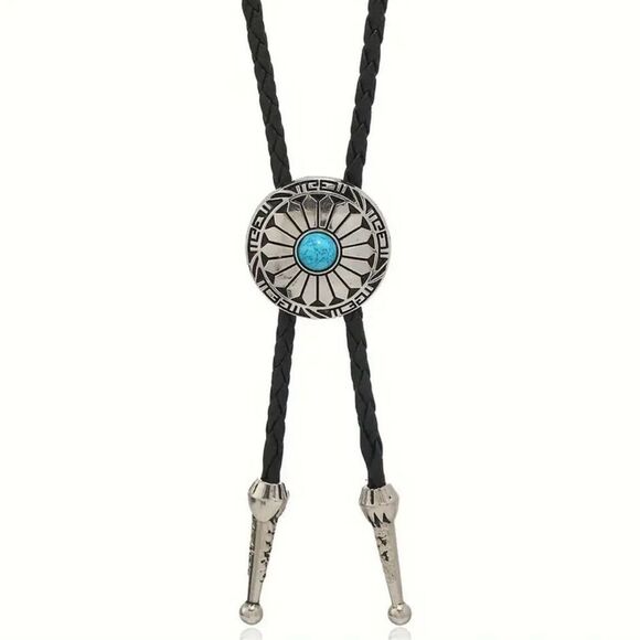 Turquoise Stone Small Round Concho Bolo Tie Mens Casual Western Cowboy Accessory - Picture 1 of 6